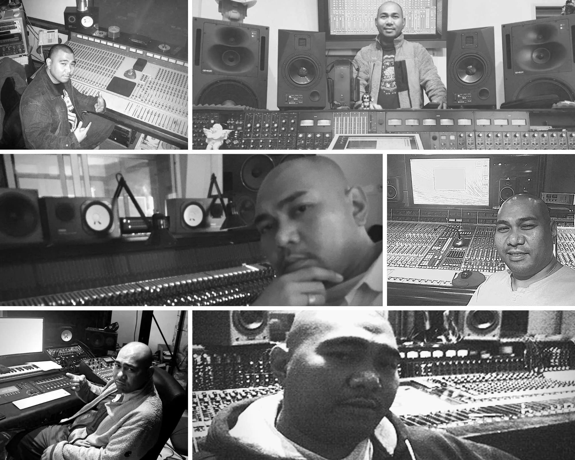 Collage of black and white photos of a man and a woman in a recording studio surrounded by audio equipment, mixing consoles, speakers, and screens.