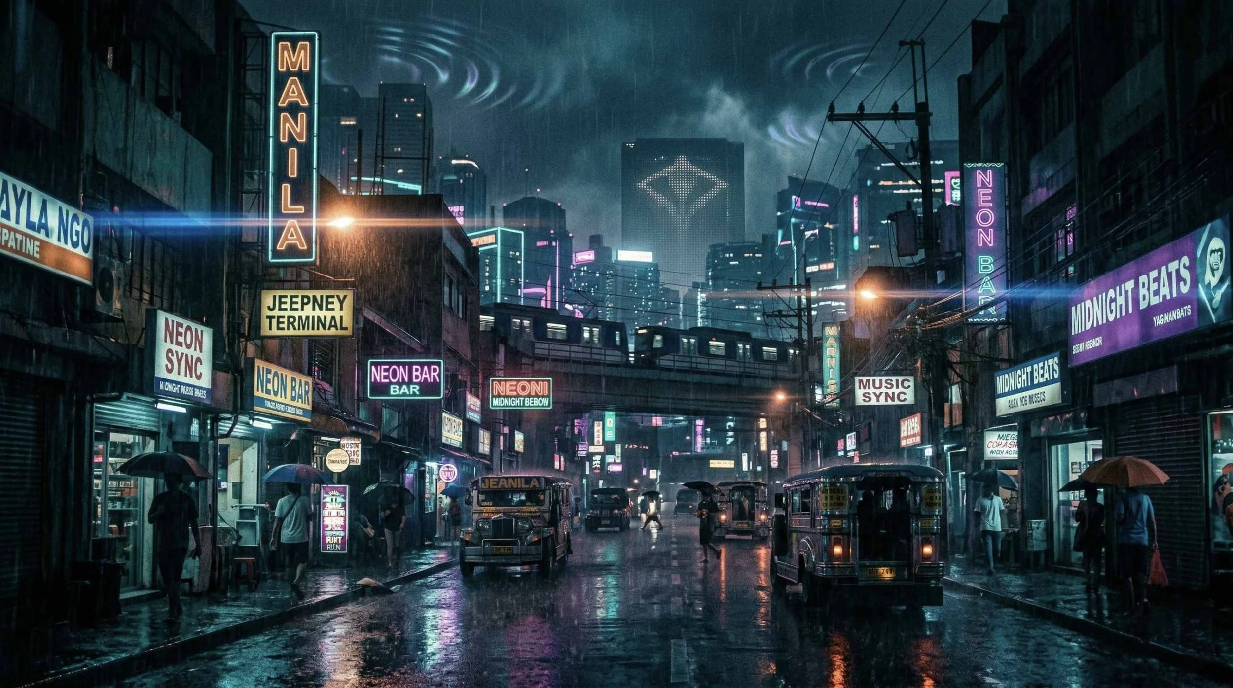 A futuristic city street scene at night with neon signs and a rainy atmosphere. Neon signs advertise bars, clubs, and music venues, with a city skyline illuminated in the background. Pedestrians with umbrellas walk along the wet street, and a train passes on an elevated track.