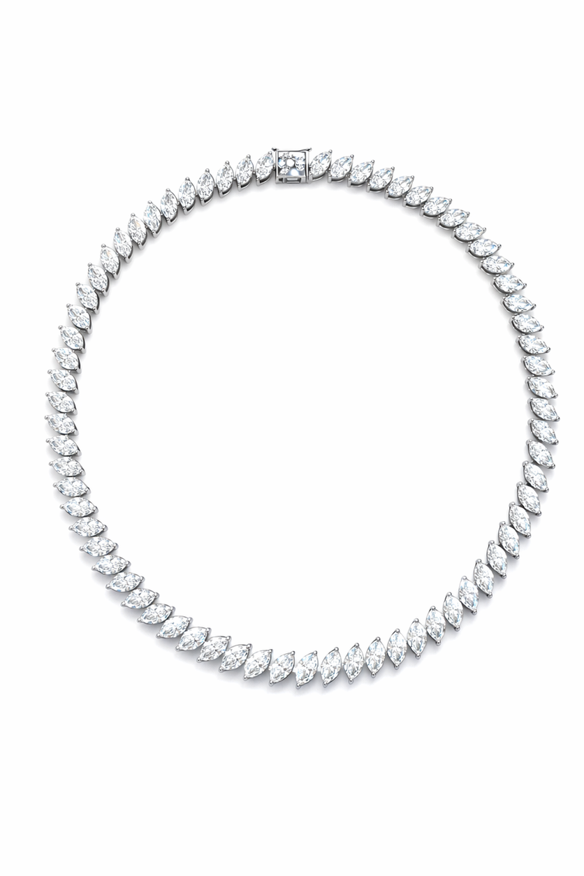 A silver necklace with multiple small diamonds arranged in a leaf-like pattern and a box clasp closure.