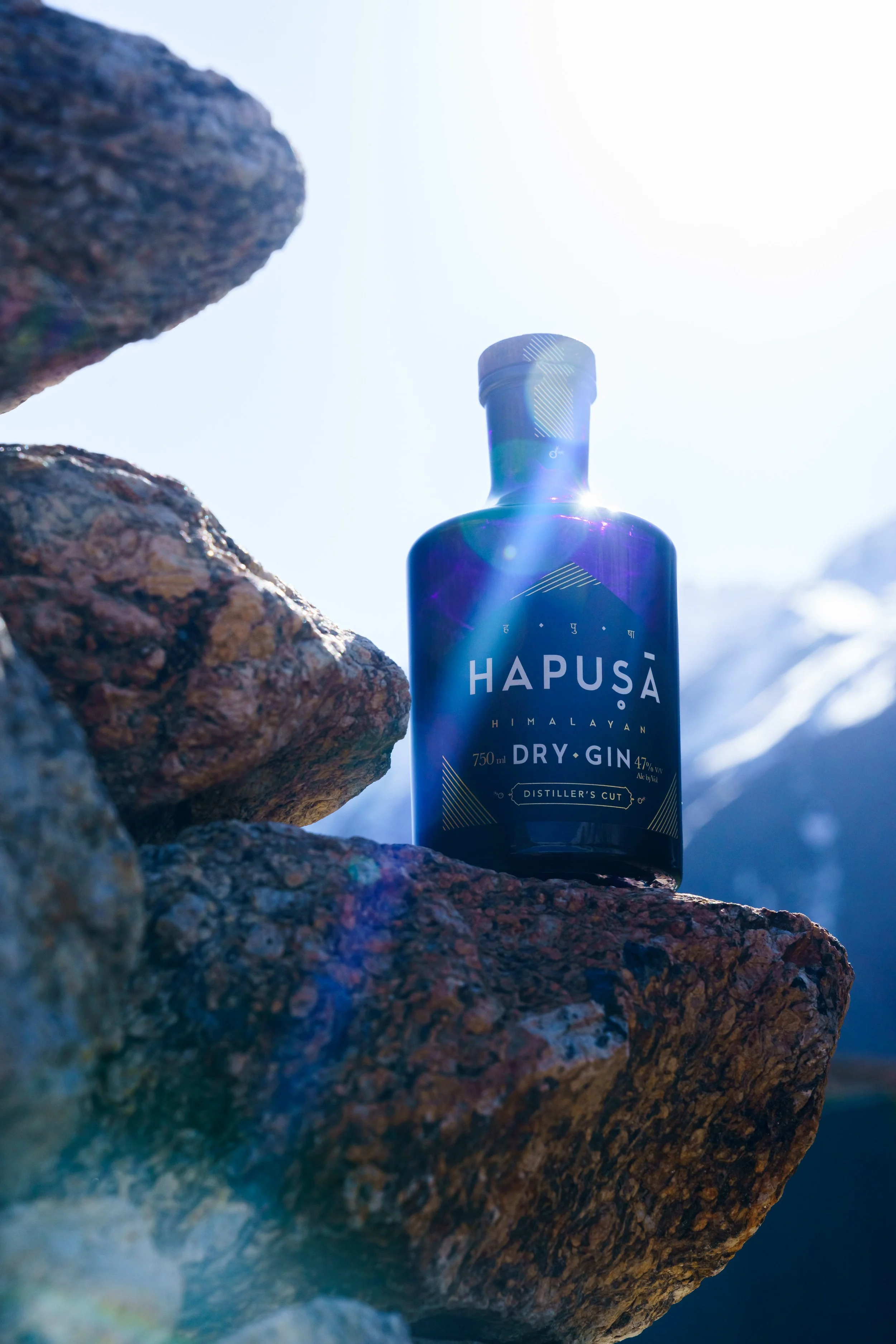 A bottle of HAPUSA Himalaya Dry Gin resting on a rocky surface outdoors, with a mountain backdrop and sunlight shining from the upper right corner.