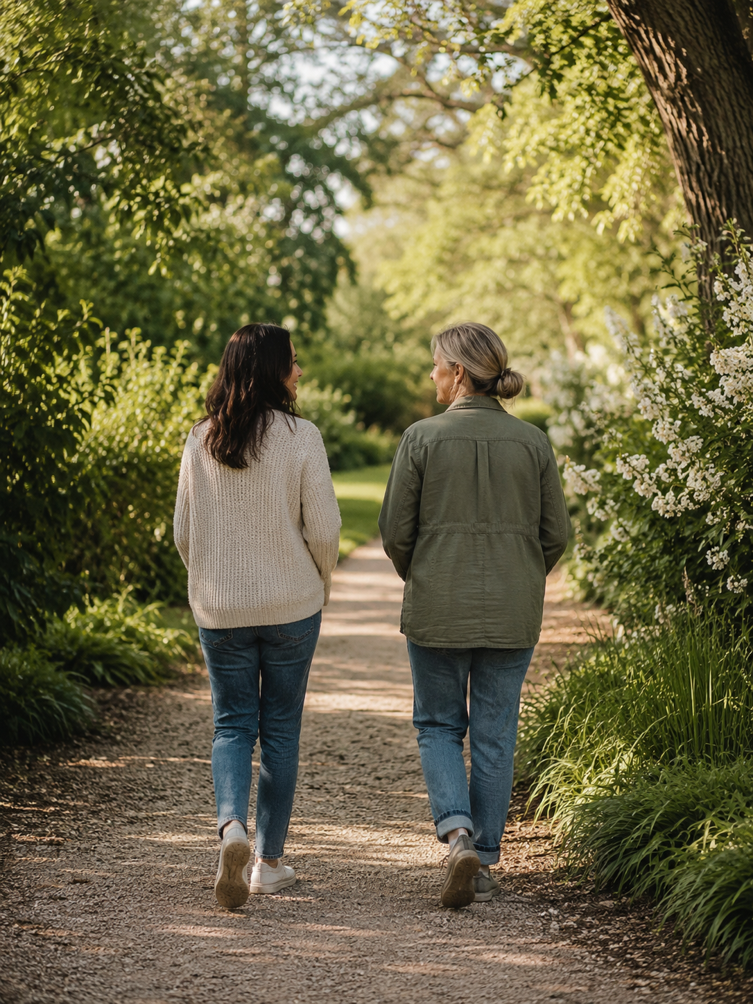 Two women walking on a dirt path surrounded by green trees and plants, engaged in conversation.