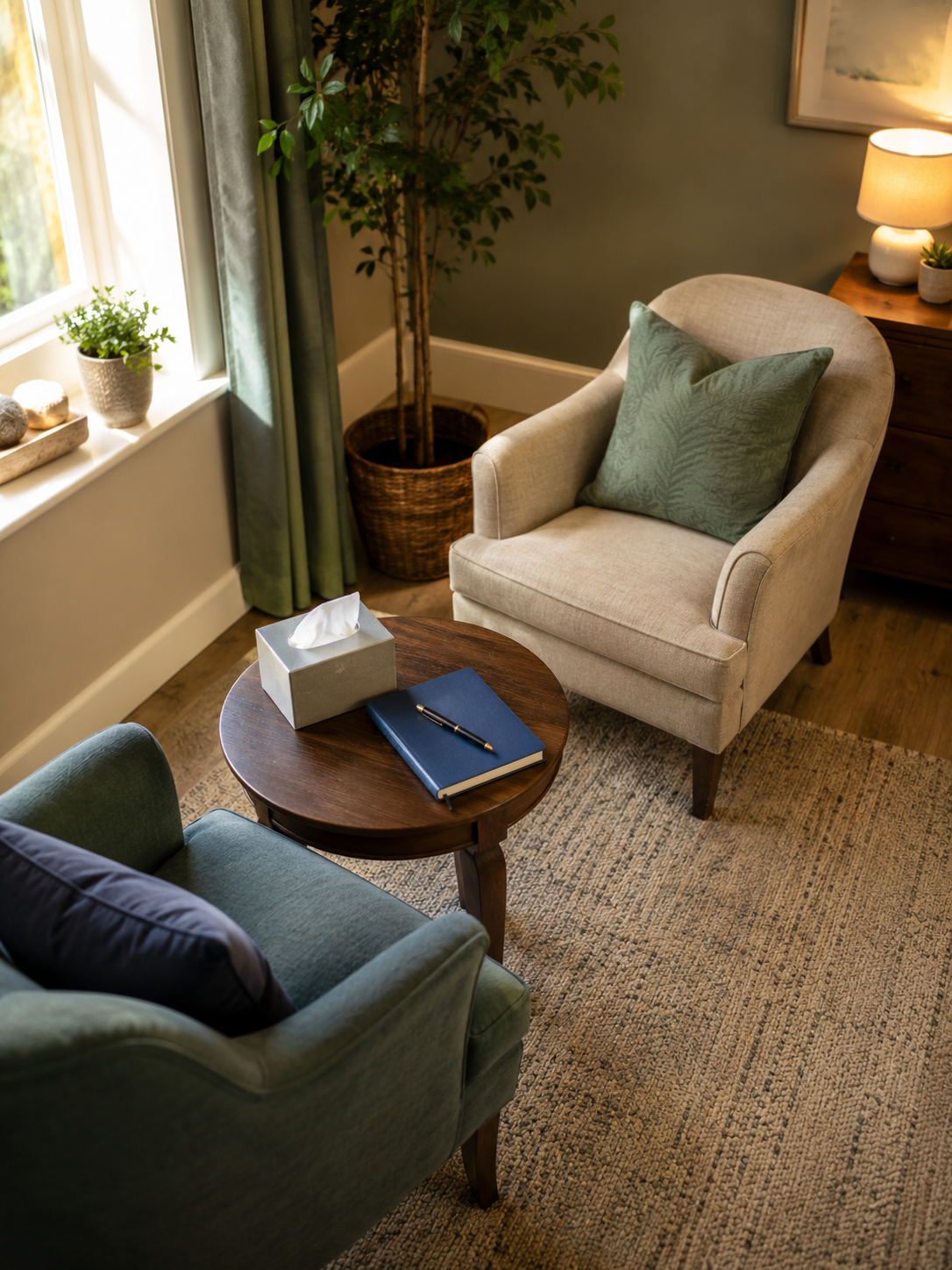 Cozy living room corner with a beige armchair, green pillows, a wooden side table with a lamp and small potted plant, a brown basket with a tall plant, a window with green curtains, a small round wooden coffee table with a blue notebook, pen, and tissue box, and a textured area rug.