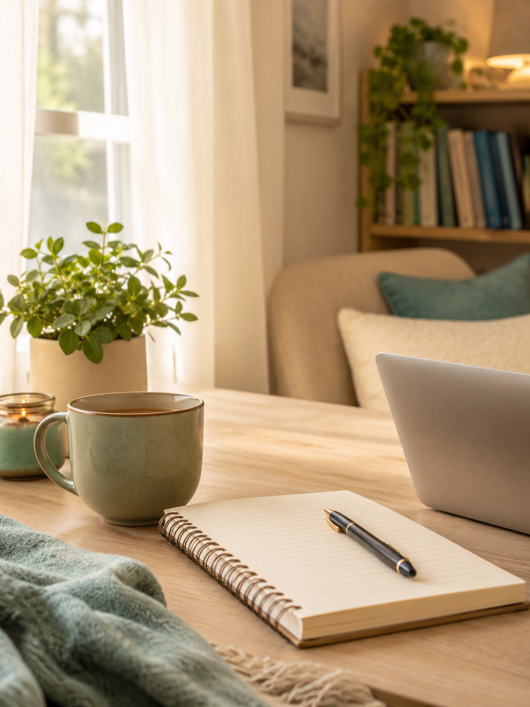 Home office desk with a notebook and pen, a mug, a laptop, a potted plant, and a candle. In the background, a beige sofa with pillows and a bookshelf with books.