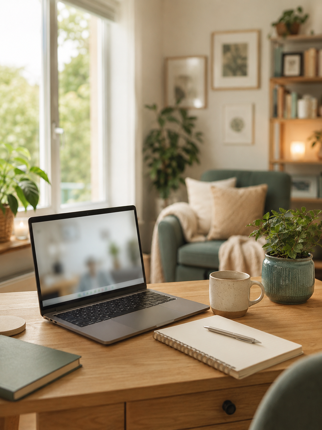 A cozy home office or living space with a wooden table, a laptop, a notebook with a pen, a ceramic mug, and a potted plant. In the background, there is a sofa with pillows, a bookshelf, framed pictures, and large windows letting in natural light.