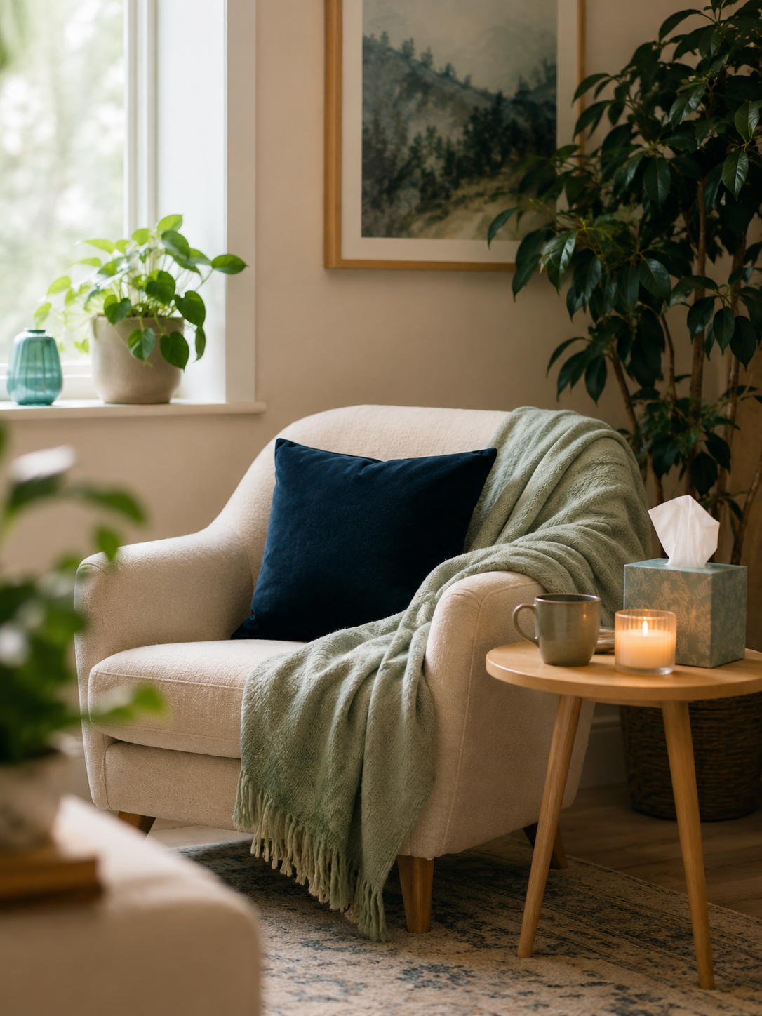 Cozy living room corner with a beige armchair, blue pillow, green throw blanket, wooden side table with a candle, mug, tissues, and a potted plant near the window, with a landscape painting on the wall.