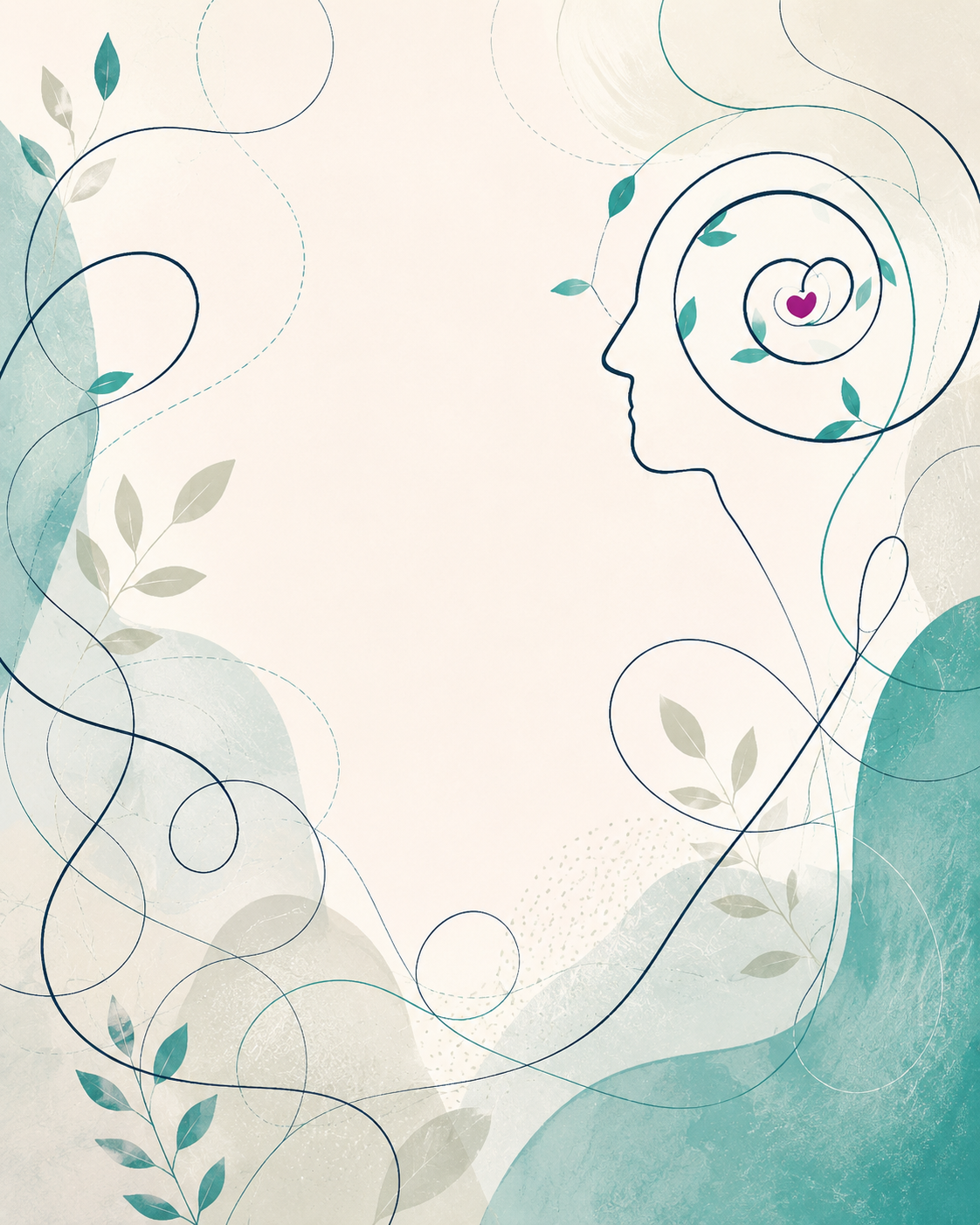 Abstract illustration of a woman's profile with flowing lines, leaves, and a heart inside her head, symbolizing thoughts and emotions.