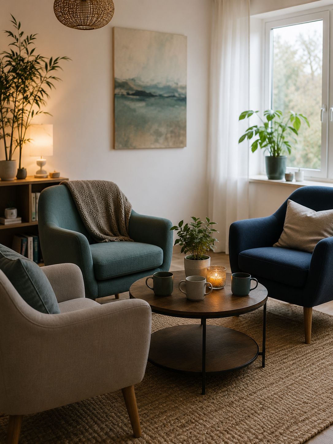 Cozy living room with three upholstered armchairs around a round coffee table with four mugs, a lit candle, and a potted plant. There are indoor plants on the window sill and a bookshelf with decorative items in the background, and a large painting hangs on the wall.
