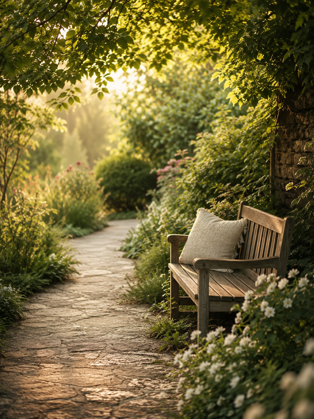 A serene garden scene with a stone pathway, lush green plants, and a wooden bench with a white pillow, illuminated by warm sunlight.
