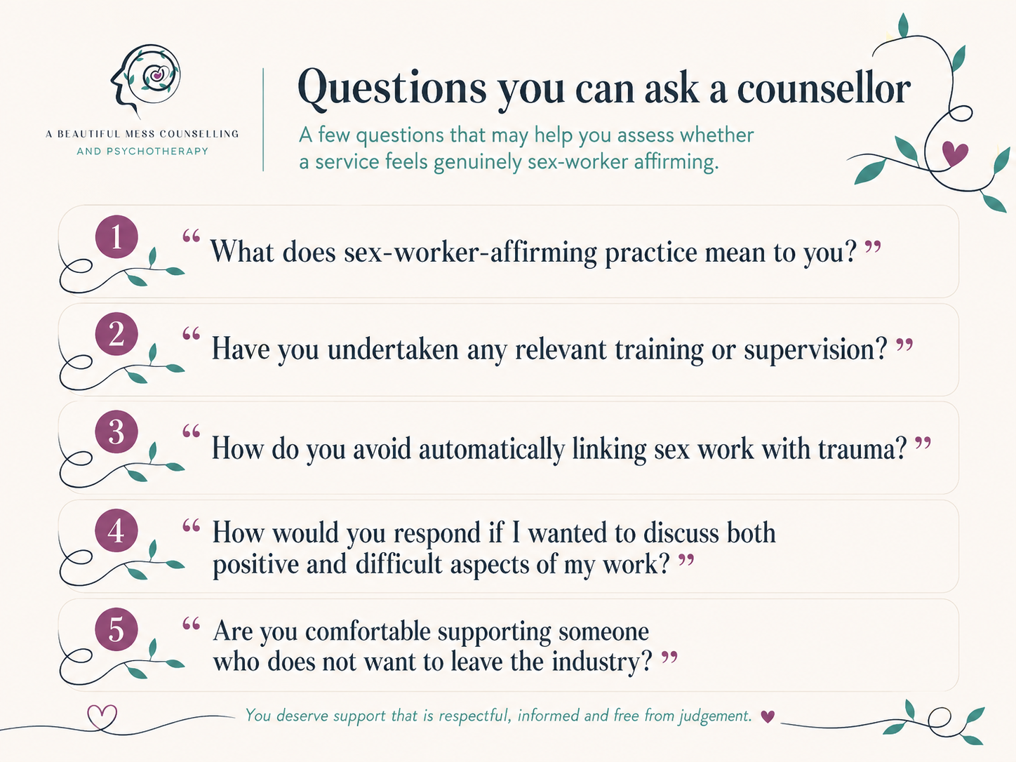 5 questions you can ask your counsellor as a sex worker