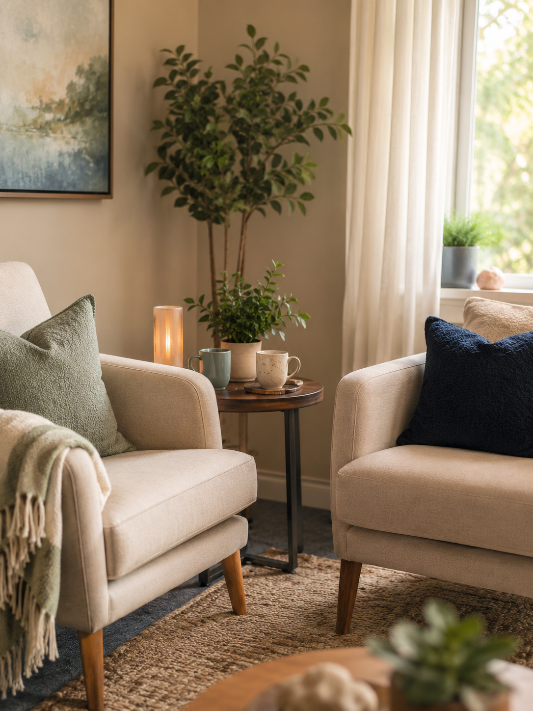 Living room with two beige armchairs, one with a green pillow and blanket, and the other with a navy blue pillow. A small round wooden table between the armchairs holds three cups and a candle. Behind the table is a large potted plant, next to a window with white curtains, and a piece of artwork on the wall.