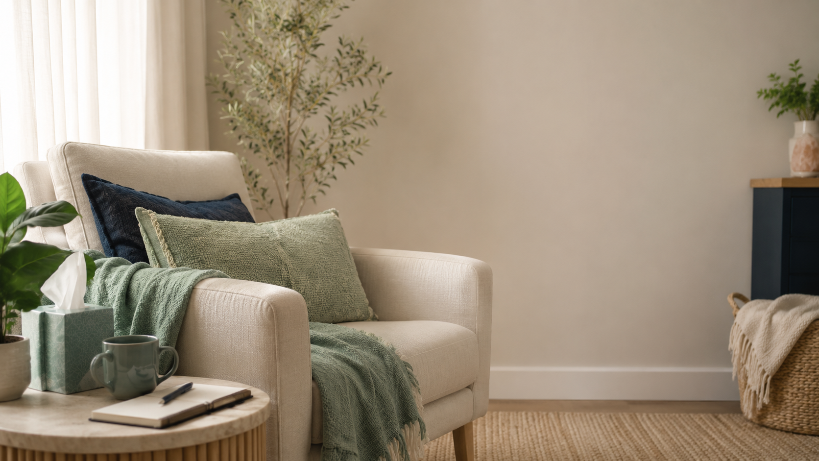 Living room with a beige sofa, green and dark blue pillows, a green throw, a small round wooden coffee table with a green mug, tissue box, notebook, pen, and plant, a woven basket with a blanket, a beige rug, a blue cabinet, and potted plants, with sunlight coming through sheer curtains.