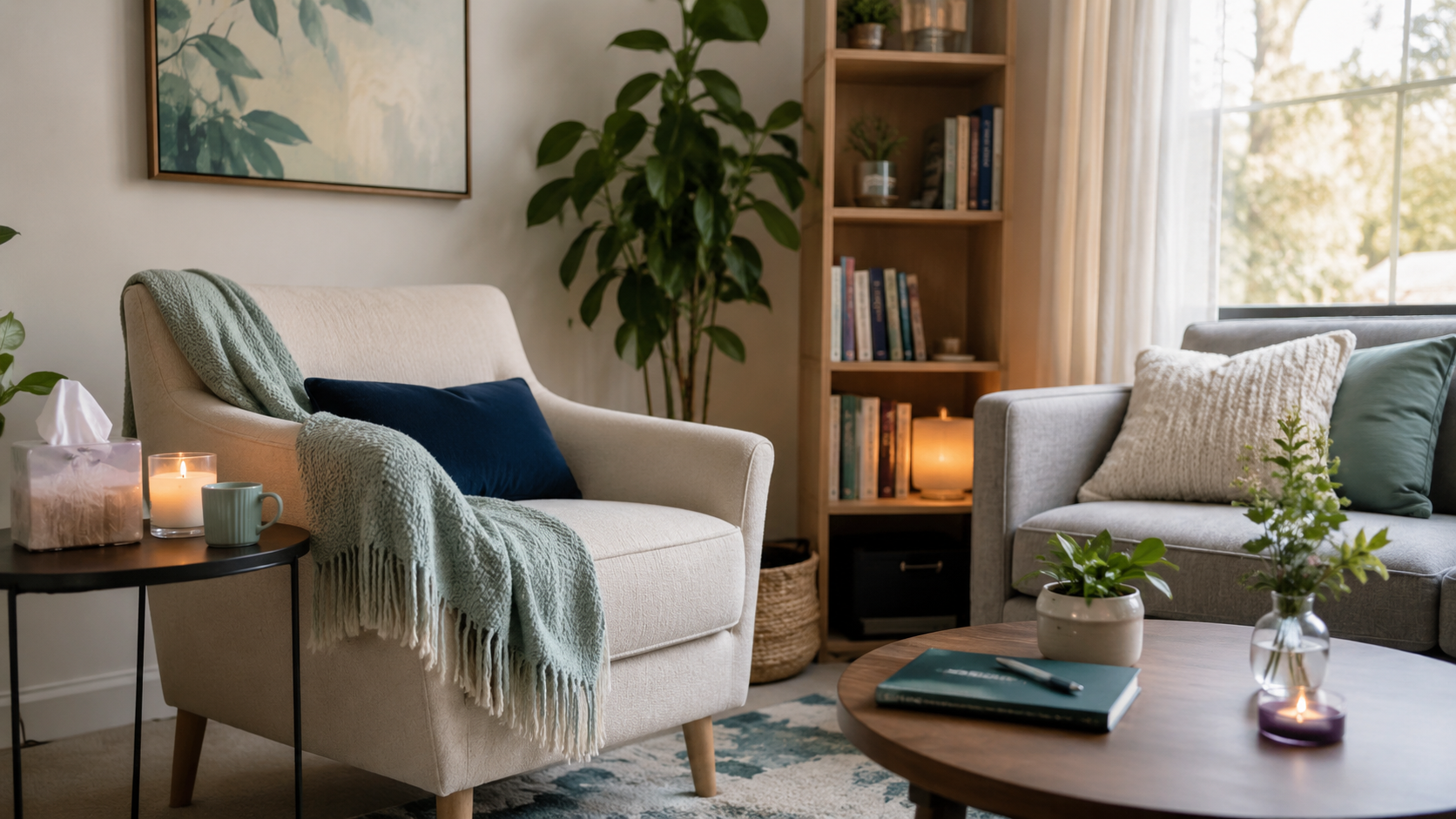 A cozy living room with a beige armchair with a dark blue pillow, a green blanket, and a candle on a black side table. A wooden coffee table with a potted plant, a book, and a pen. A gray sofa with textured pillows. A tall wooden bookshelf with books and a lit lamp. Large window with sheer curtains and greenery outside.
