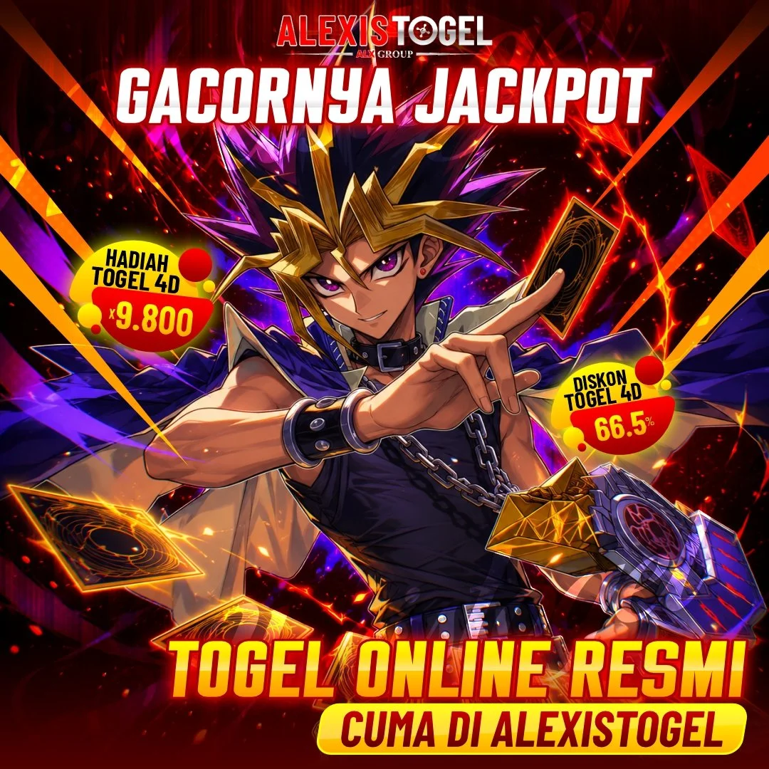 Promotional graphic for Togel online with anime character holding a card, featuring bold red and yellow text about jackpot and discounts in Indonesian.