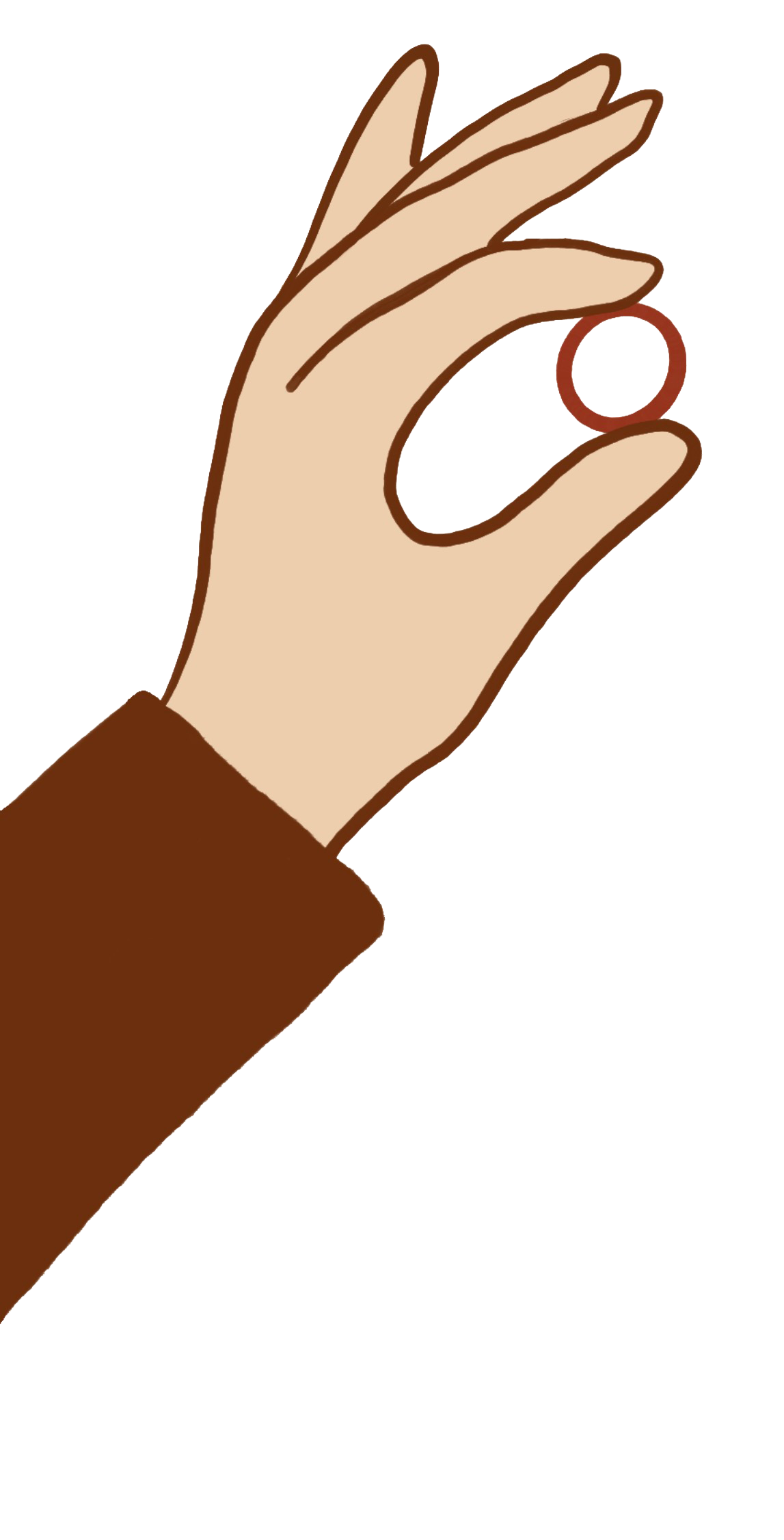 A hand with a brown sleeve holding a red ring between the thumb and index finger.