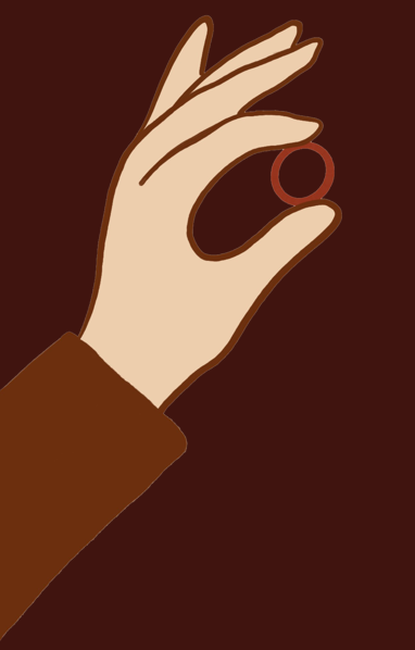 Illustration of a hand holding a red ring against a dark background