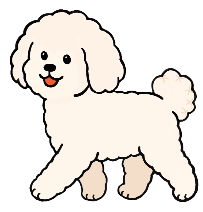 Cartoon illustration of a fluffy, white poodle dog standing with a happy expression, tongue out, and curly tail.