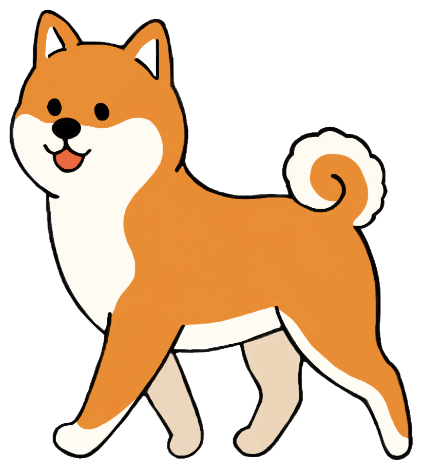 A cartoon illustration of a Shiba Inu dog with a fluffy curled tail, standing and smiling.