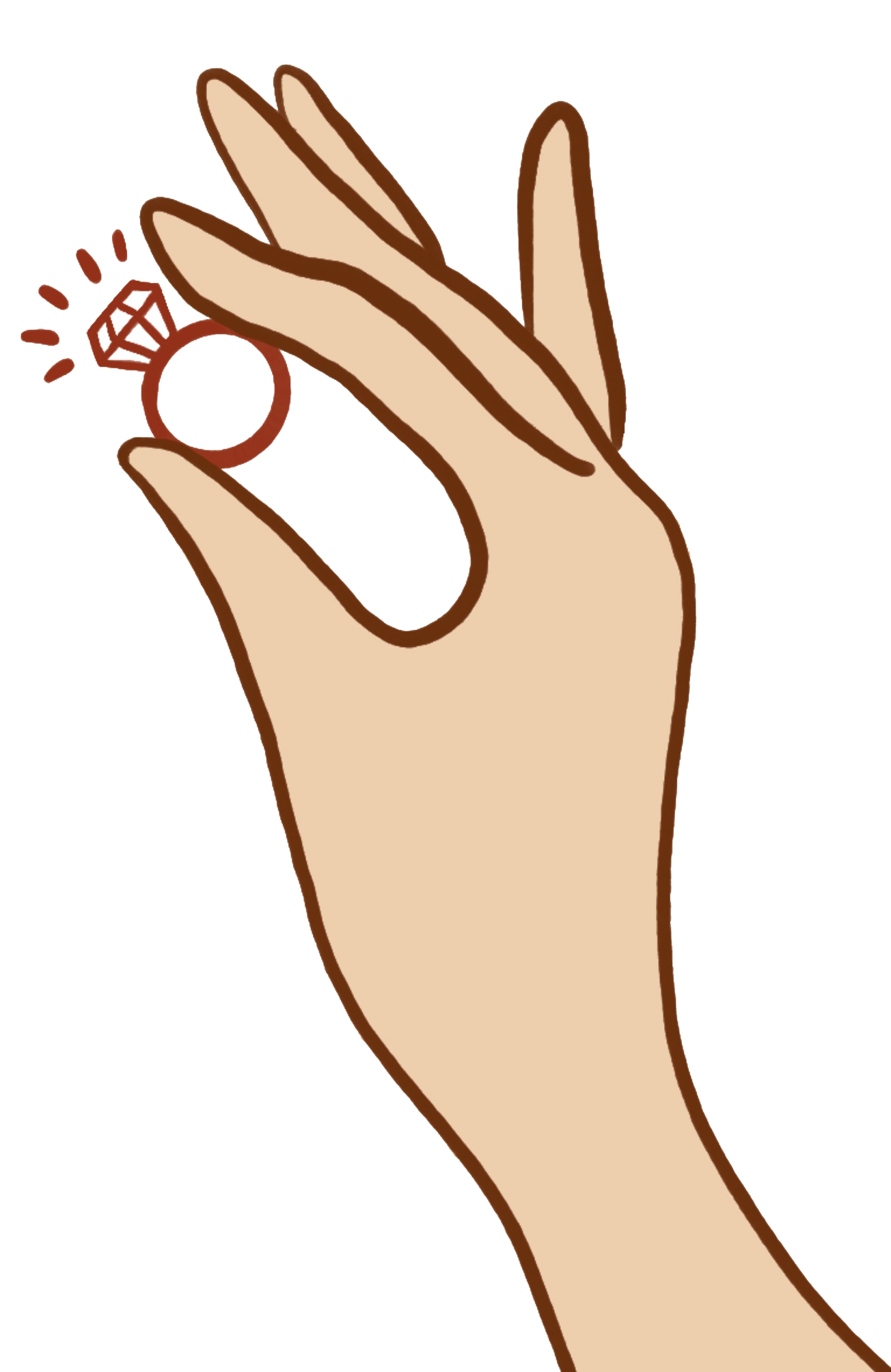 A hand holding an engagement ring with a diamond, with a smartphone in the background.
