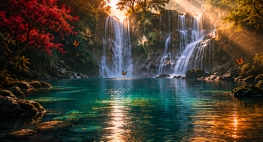 waterfalls in a serene place, warm sun glowing over magical water symbolizing the heart