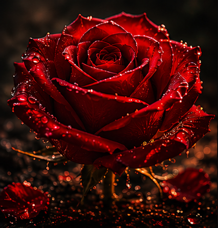 a rose with magical dew drops symbolizing openness