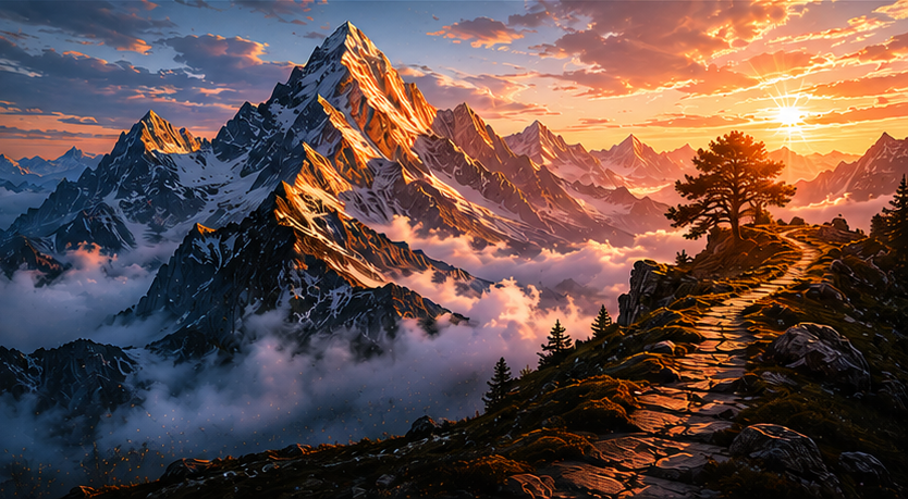 a majestic glacier mountain with warm sun glow symbolizing the masculine energy and the spine