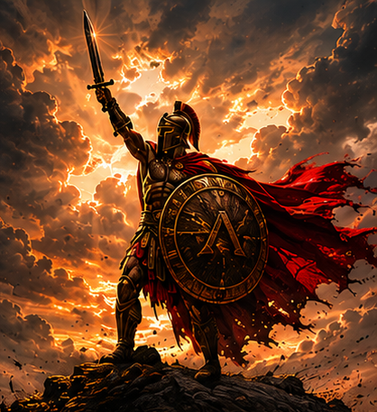 a gladiator pointing his sword to the sky and carrying shield symbolizing discipline