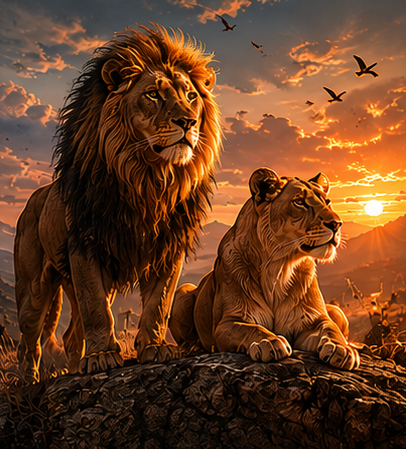A lion and lioness perched on a hill top symbolizing courage
