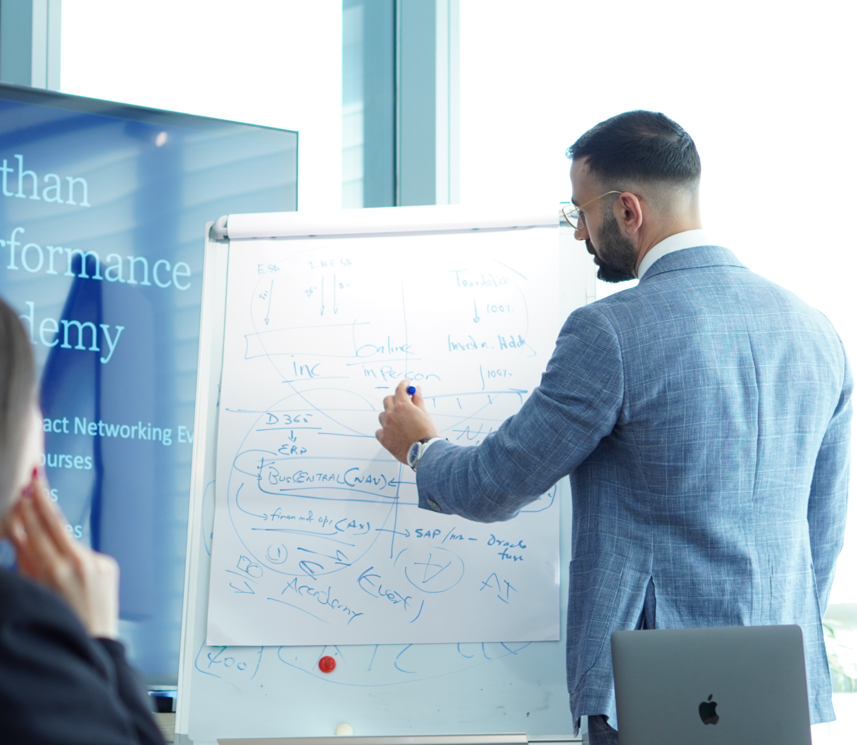 A man in a gray suit with glasses is writing on a whiteboard filled with handwritten notes and diagrams during a presentation or meeting in a modern office with large windows.