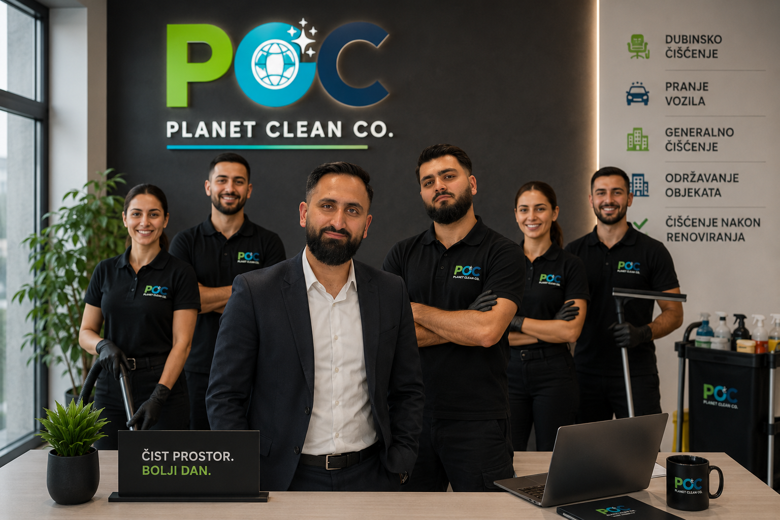 Group of five employees of Planet Clean Co. standing in front of a company sign at their office. They are wearing black polo shirts with the company logo, some with gloves, smiling confidently, with a desk in front of them that has a laptop, a coffee mug, and a small plant. The background features a wall with the company logo 'POC' and service descriptions in Serbian.