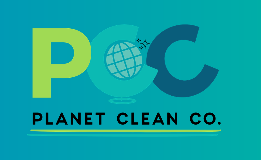 Logo of Planet Clean Co. featuring large letters P, C, C with a globe and sparkles above the text.