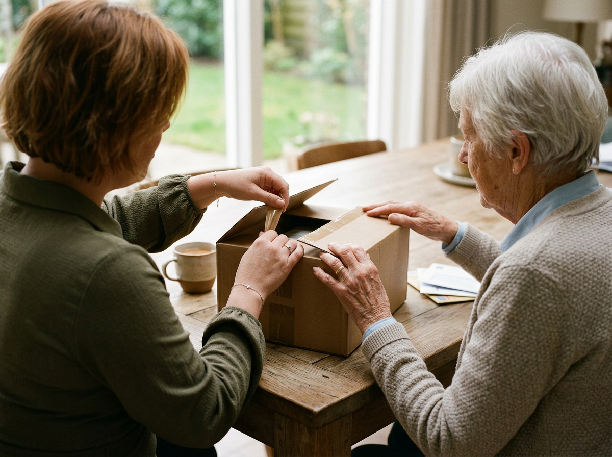 Twee vrouwen openen samen een doos op een eettafel, met een kop koffie erbij, in een huis met grote ramen en uitzicht op een tuin.