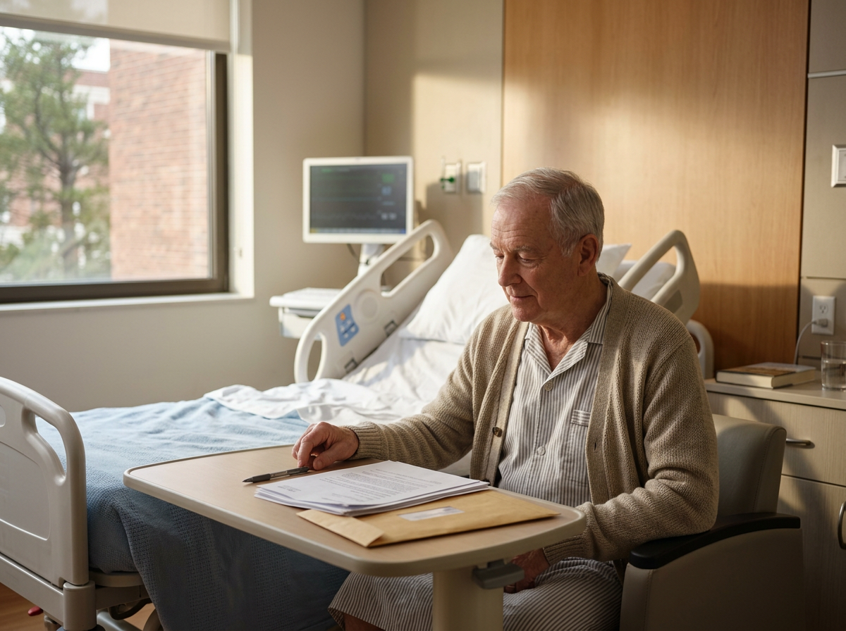 Een oudere man zit aan een tafel in een ziekenhuiskamer, leest papieren en heeft een pen in de hand. Er staat een ziekenhuisbed en een monitor op de achtergrond.
