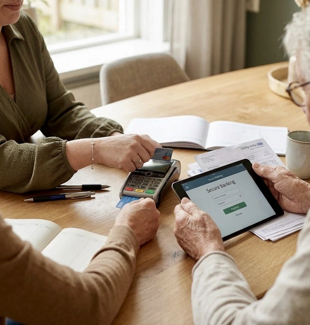 Twee mensen doen een contactloze betaling en bankieren op een tablet.
