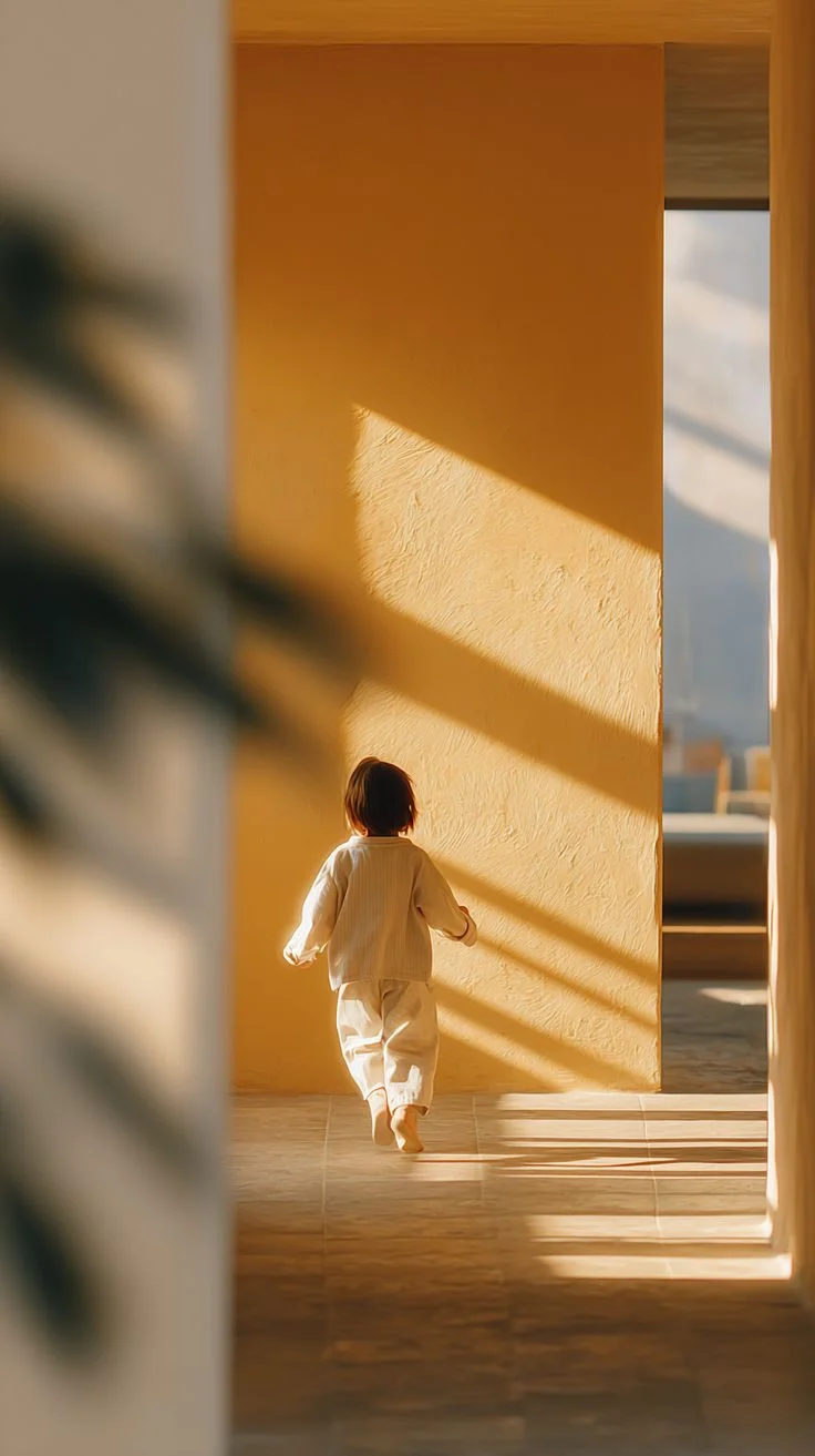A young child in cream-colored pajamas walking through a sunlit corridor with shadows cast on a yellow wall.