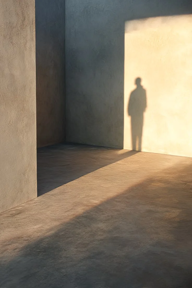Concrete walls and floor with a person's shadow cast on the wall due to sunlight.