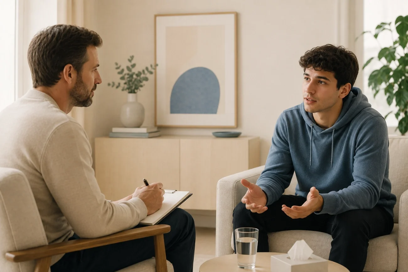 Young man in blue hoodie talking to therapist in a therapy session in a cozy living room.