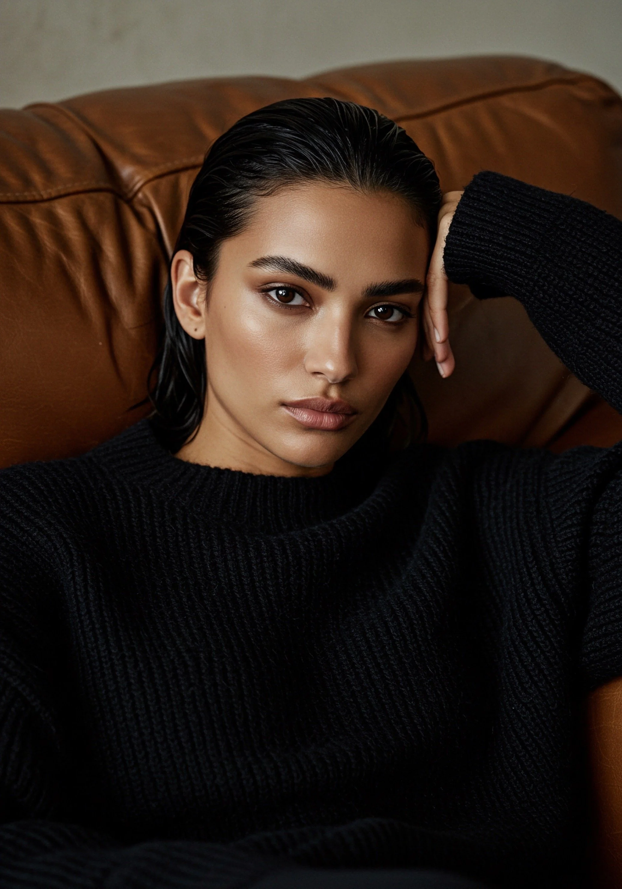 A woman with dark wet hair and light brown skin, wearing a black ribbed sweater, resting her head on her hand against a leather couch.