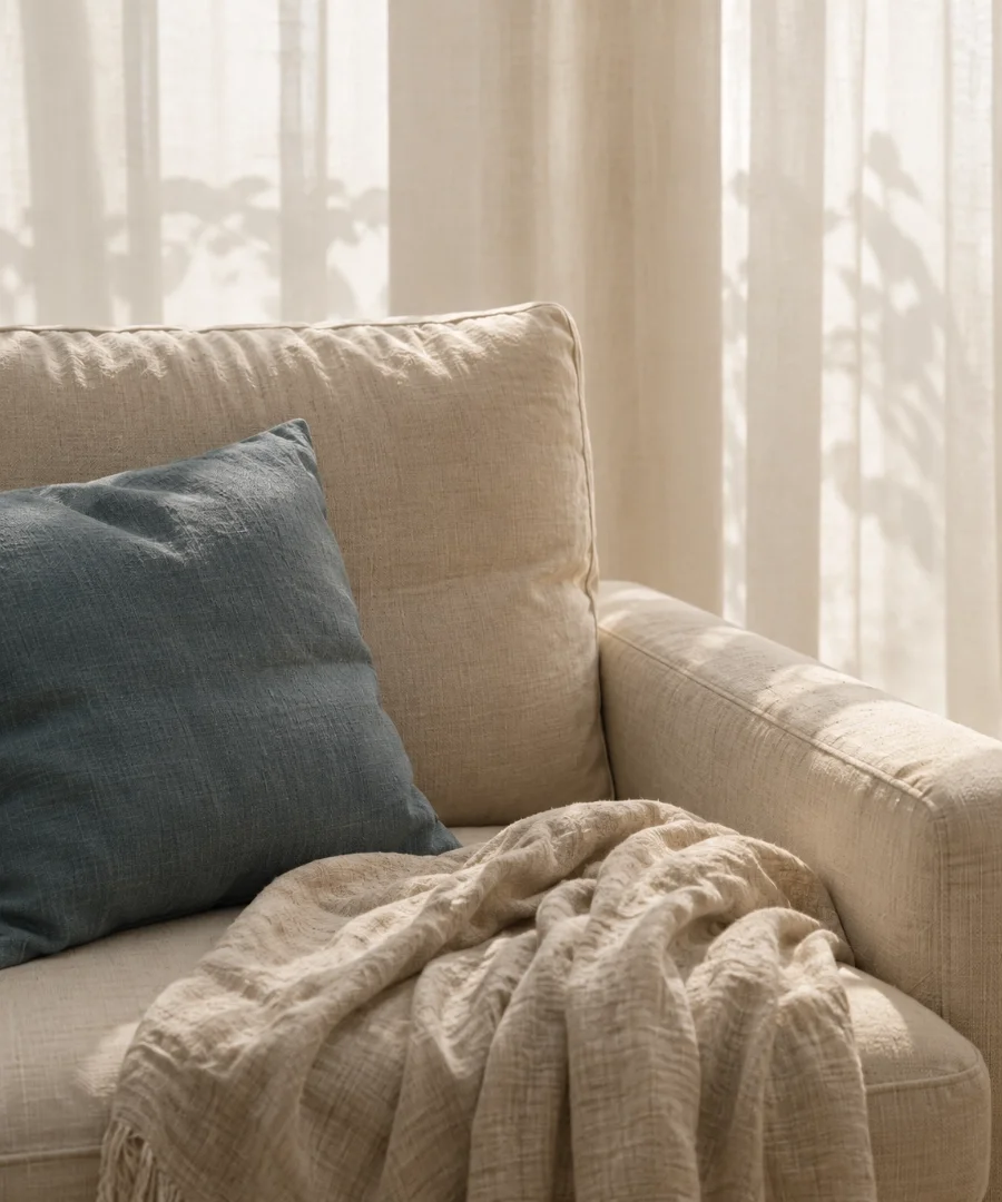 A beige sofa with a blue pillow and a cream-colored blanket draped over it, in front of a sheer curtain with sunlight filtering through.