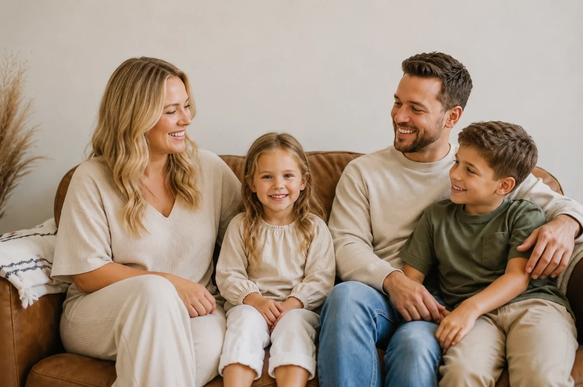A smiling family of four sitting on a brown couch, including a mother, father, daughter, and son, looking at each other and sharing a happy moment.