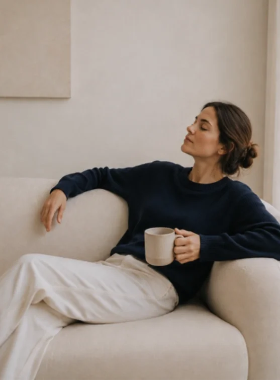 Woman sitting on a light-colored sofa, wearing a navy blue sweater and white pants, holding a beige mug and relaxing with her eyes closed in a cozy interior setting.