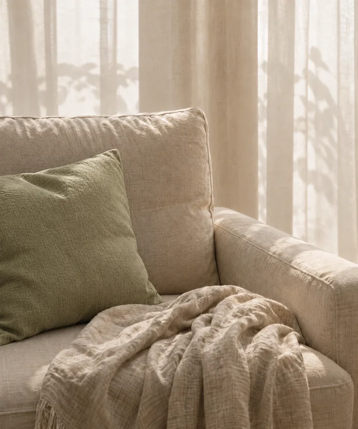 A cozy living room corner featuring a beige sofa with a green pillow and a beige throw blanket draped over the armrest, with semi-sheer curtains allowing sunlight to softly illuminate the space.