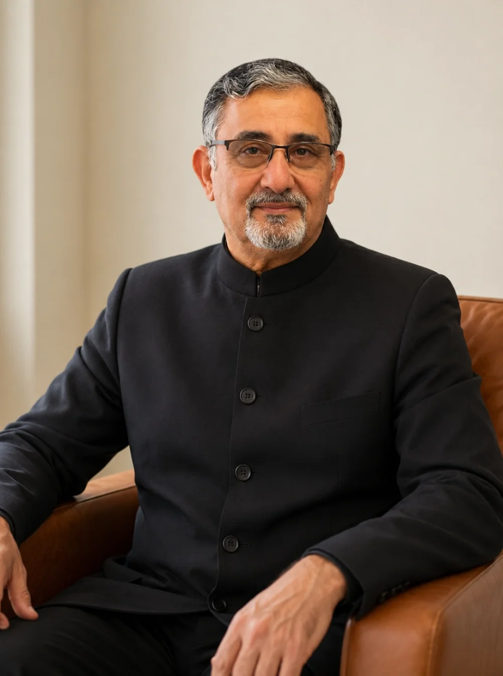 A middle-aged man with glasses, gray hair, and a beard, wearing a black traditional Indian sherwani, sitting and smiling in an indoor setting.