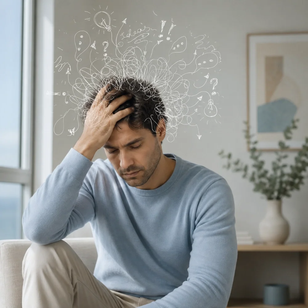 A man sitting indoors with a distressed expression, holding his head, with a digital overlay of scribbles, question marks, light bulbs, and exclamation marks above his head indicating confusion or overthinking.