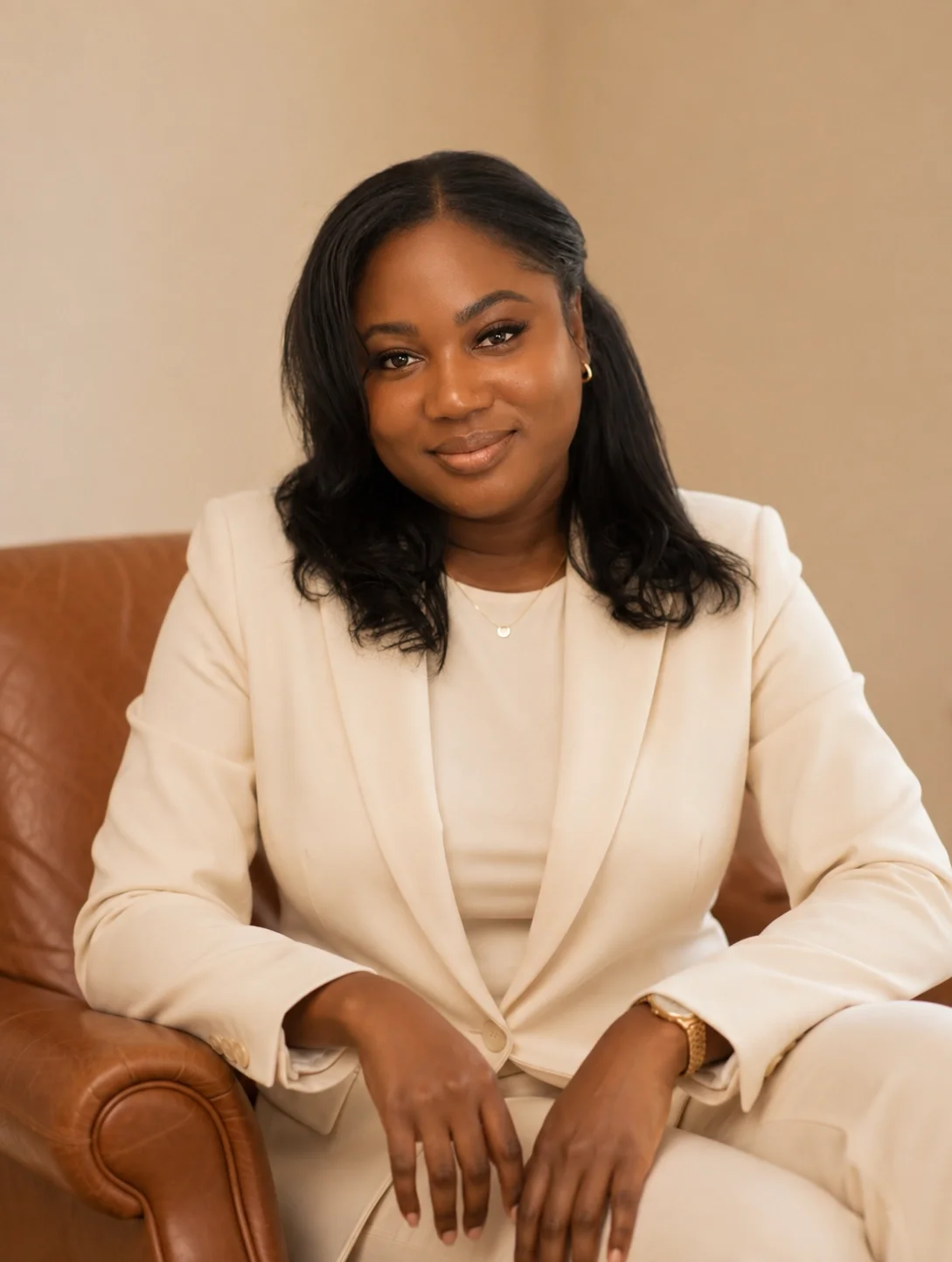 A woman wearing a white suit sitting on a brown leather chair, smiling at the camera.