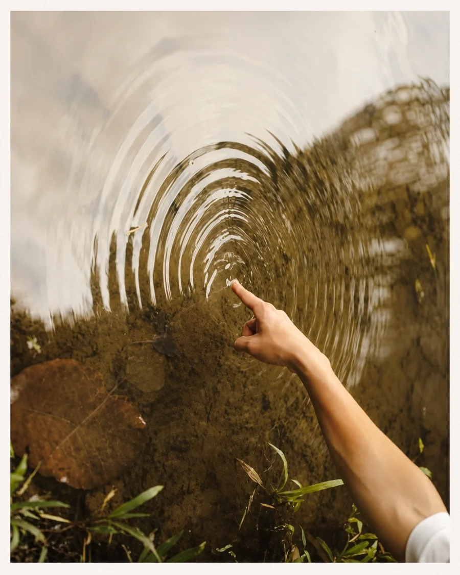 A person touching the surface of a puddle with ripples, seen from above, with soil and small plants around the edge.