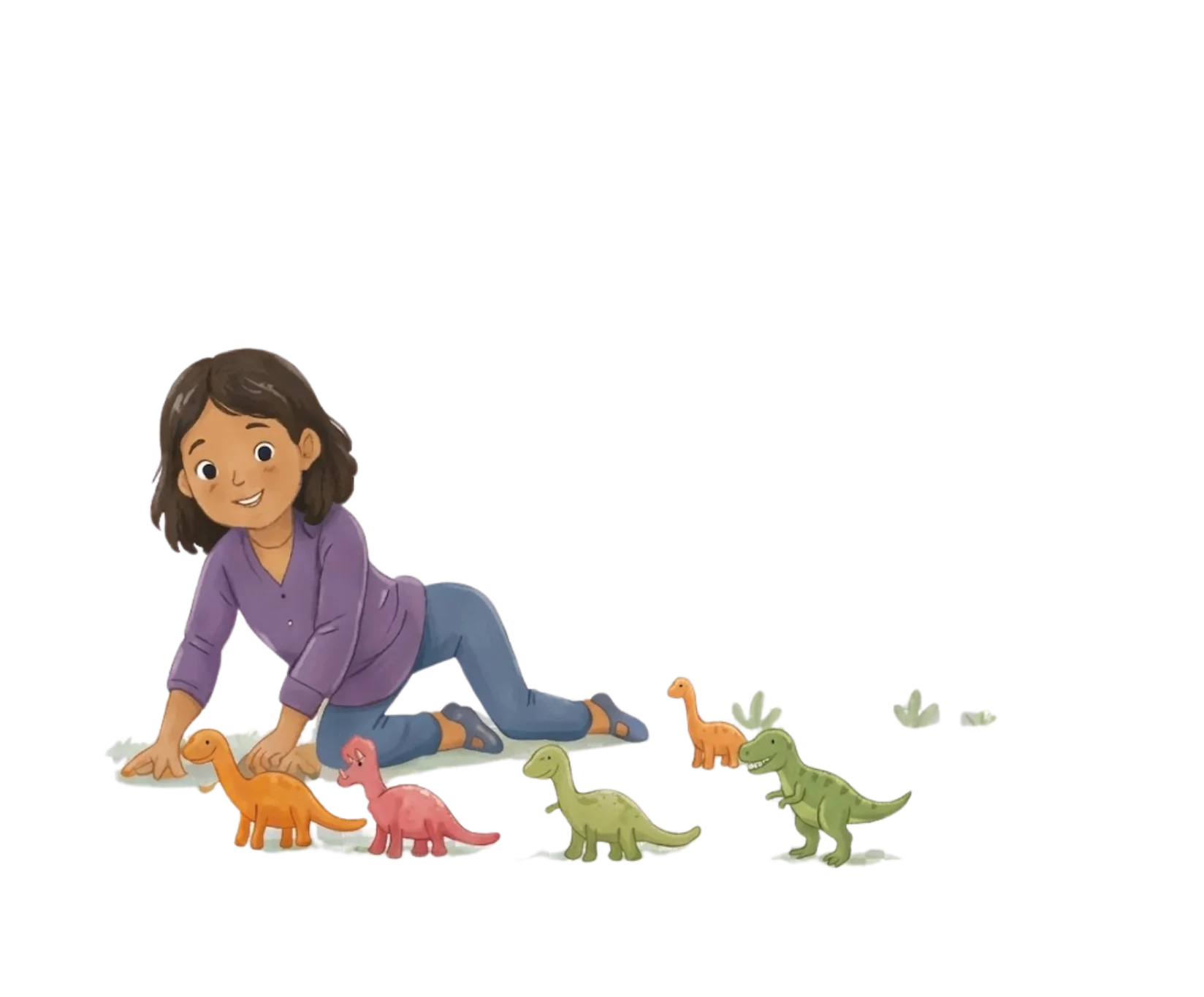 A cartoon girl with brown hair crawling on the ground surrounded by colorful toy dinosaurs and small plants.