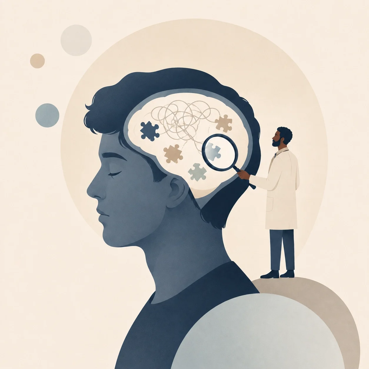 Illustration of a woman with her head in profile, with a brain depicted as a cloud of lines and puzzle pieces. A scientist holding a magnifying glass examines the brain area.