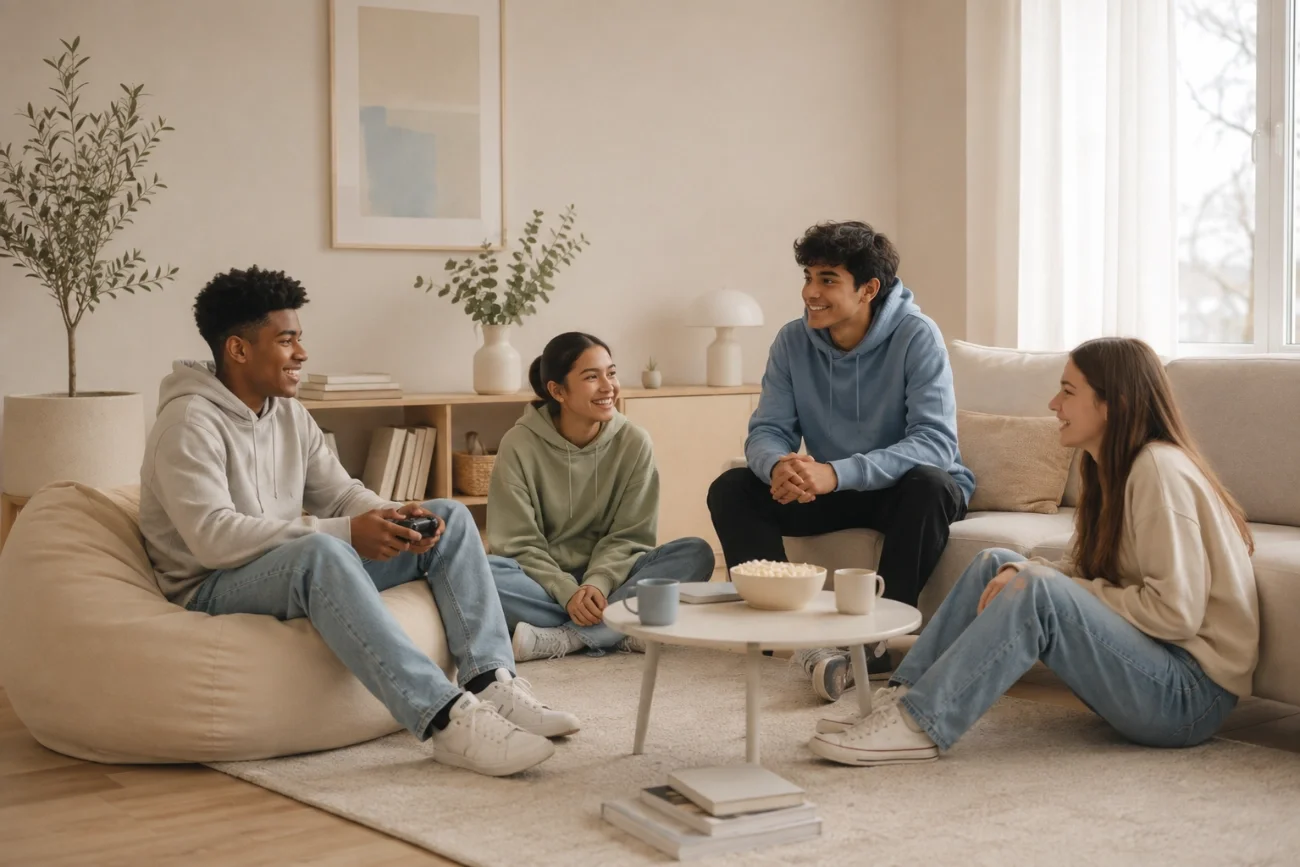 Five young friends sitting on couches and a bean bag in a living room, watching a video game and talking.