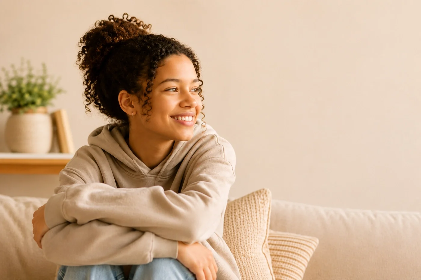 A young woman with curly hair smiling and sitting on a beige couch in a cozy living room.