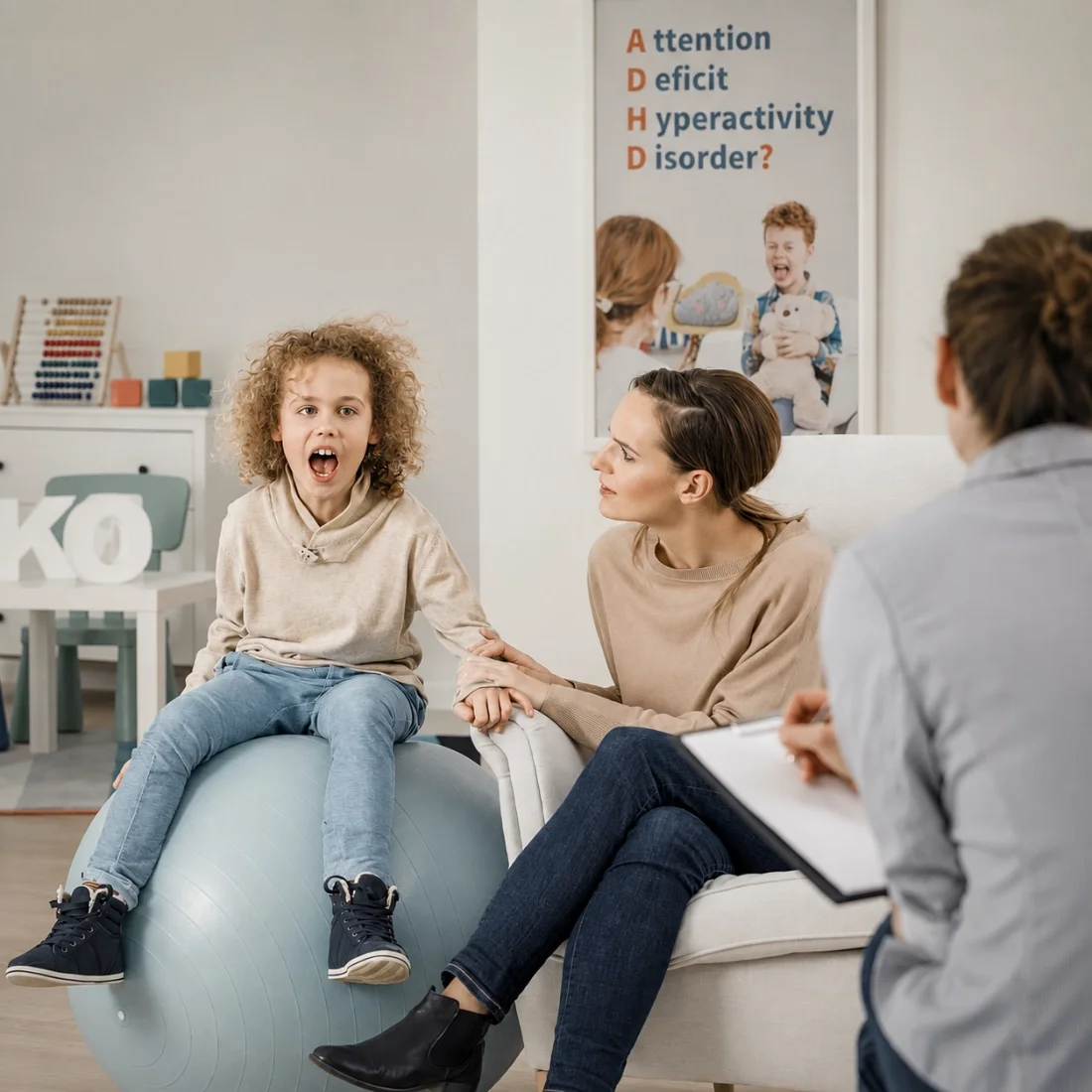 A young girl with curly hair sitting on an exercise ball during a therapy session, holding hands with a woman, with two other adults in the room. A poster in the background reads related to ADHD awareness.
